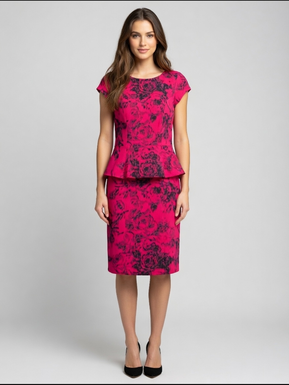 Roulette Fuchsia and Black Floral Peplum Midi Dress